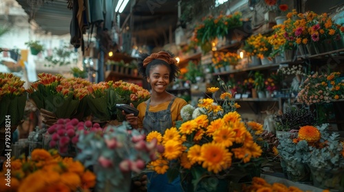Young african american florist processes a transaction with a card reader surrounded by colorful blooms in a lively flower shop setting.