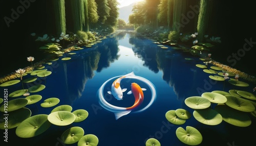 Two koi fish swimming in a circle in a pond surrounded by lily pads and trees with a sunlit background photo