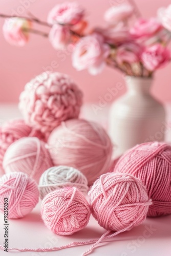 Yarn balls in shades of pink crafting concept