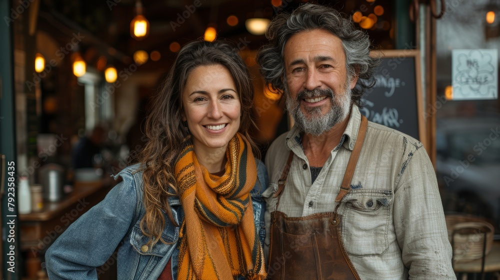 Portrait of two joyful small business owners outside their cozy cafe, reflecting a warm, welcoming atmosphere under soft lighting.
