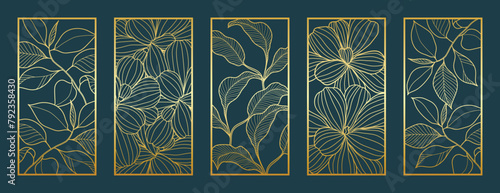Gold botanical line art pattern vector collection. Laser cut with line design pattern. Design for wood carving, wall panel decor, metal cutting, wall arts, cover background, wallpaper and banner.