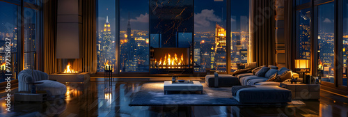 Interior Design modern Living room, windows show stunning view of the city skyline, Empty room apartment, AI Generative,overlooking the city view