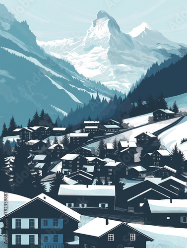 Grindelwald village infographic, top view, Summer and Sunny ,blue sky, Small village,Aples, traditional city buildings silhouetted photo