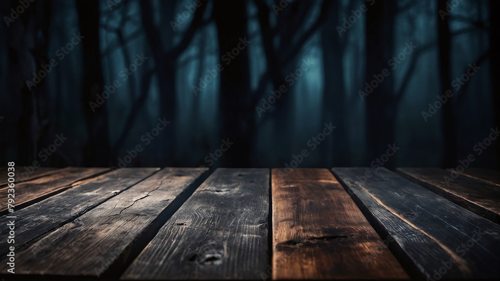 Fototapeta premium A spooky Halloween scene with a rustic grunge wood table bathed in an eerie glow
