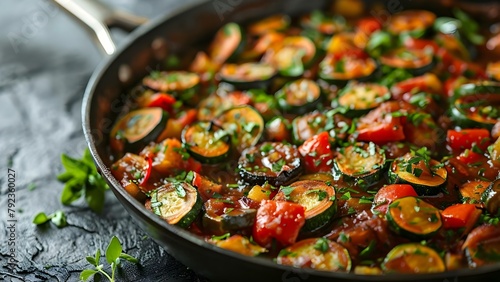 Making ratatouille in a skillet with fresh vegetables. Concept Cooking, Ratatouille, Skillet, Fresh Vegetables, Recipe photo