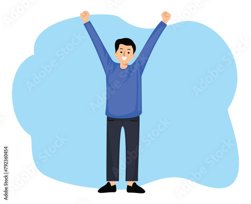 happy young man raises both arms in excited