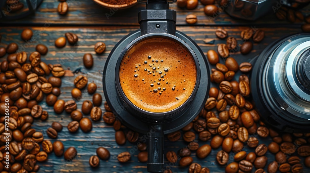 Top view of a coffee grinder and a cup of freshly brewed coffee on a dark wooden table. stock photo Top view of a coffee grinder and a cup of freshly brewed coffee on a dark wooden table. stock photo