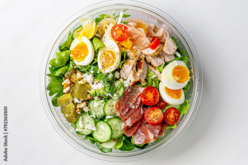 Top view of a healthy cobb salad in plastic packaging for takeout or delivery suitable for a keto diet Top view of a healthy cobb salad in plastic packaging for takeout or delivery suitable for a keto diet
