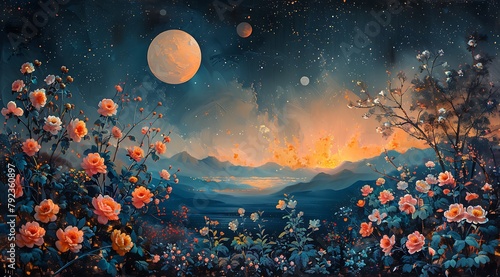 Celestial Garden Harmony  Otherworldly Oil Painting with Pastel Flowers and Planets