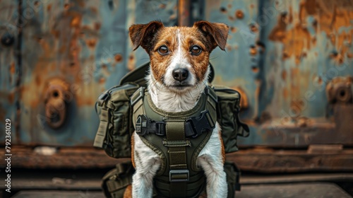 A military Jack Russell dog in a K9 bulletproof vest in full combat readiness. Concept of a dog searching for mines in the field. War, military actions. photo