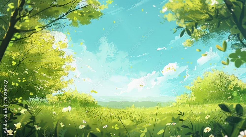 An illustration of a spring scene, featuring a spacious sky above a lush foreground