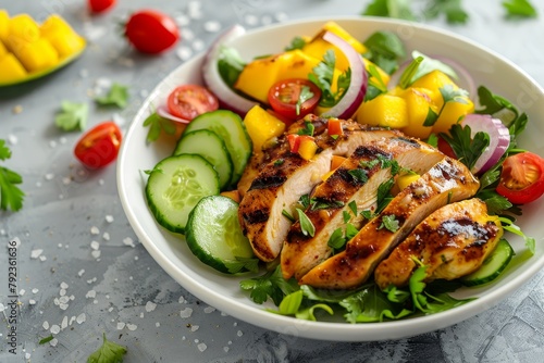 Top view of grilled chicken mango salad with cilantro cucumbers cherry tomatoes and red onion on gray background