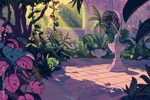 Cartoon cute doodles of a tranquil garden, with plants and statues casting elongated shadows in the soft light of the evening sunset, Generative AI