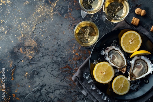 Top view of oysters with lemon and champagne on plate in restaurant