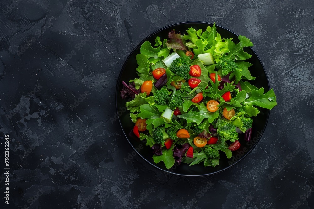 Top view of vegan salad with green veggies on black background