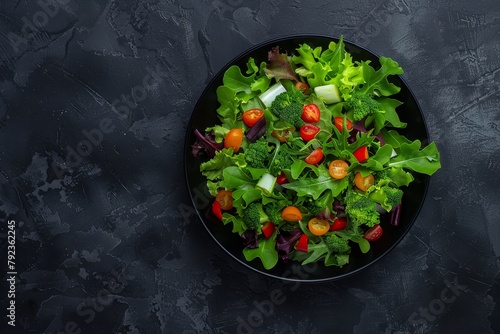 Top view of vegan salad with green veggies on black background