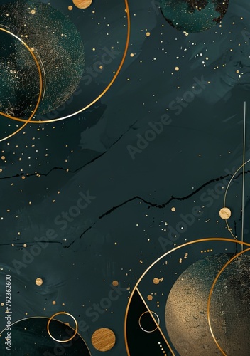 Luxury Background with Golden Circles and Dark Green Color, Elegant Style, Golden Decoration on the Border of Frame, Golden Glitter Effect, Vector Illustration, Minimalist Design, High Resolution
