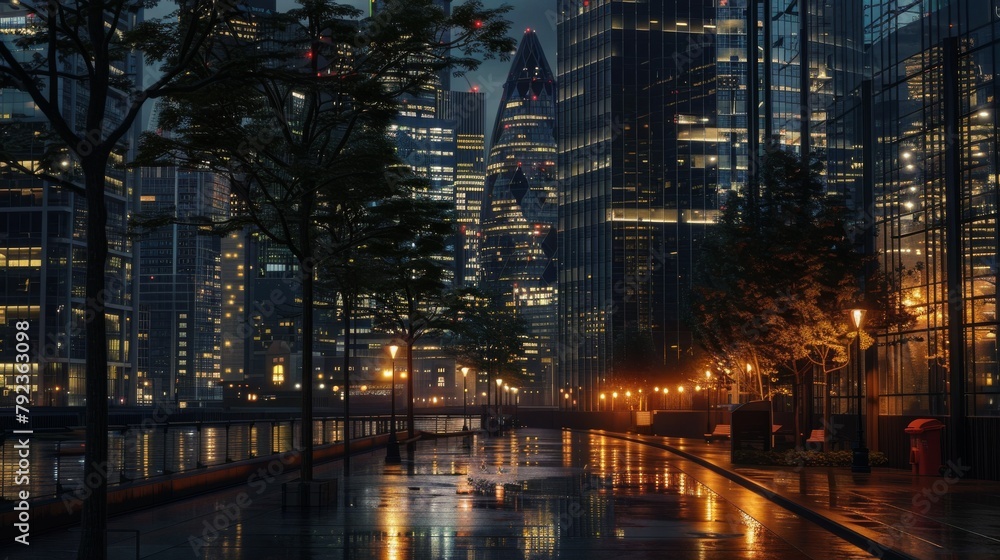 A captivating cityscape under rain, with reflections of the city lights glistening on the wet surfaces and tranquil atmosphere