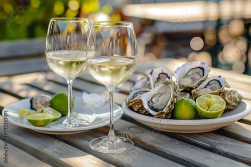 Two glasses of wine oysters and limes on a wooden table outside on a sunny day photo