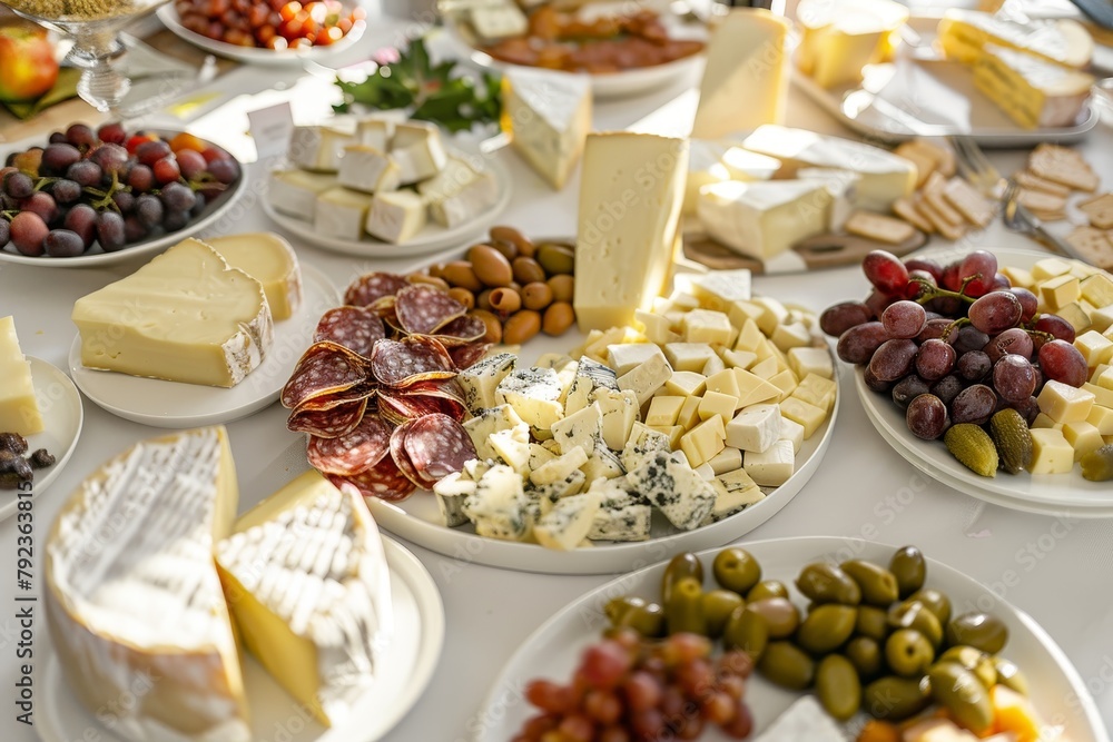 Variety of cheese on white table