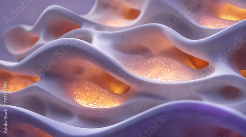 a close up of a set of multileveled platorms made of white clay, curving seamessly and flawlessly, illuminated by purple and yellow lights in seamless transition
