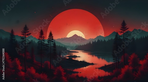 Landscape and nature concept. Surreal landscape collage illustration with red sun  forest.generative.ai
