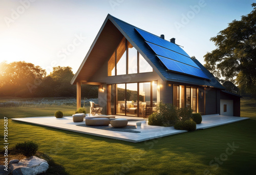 'atmosphere idyllic sunset day end roof panels solar blue house modern panel energy large power rooftop idylli alternative ecology residence residential technology saving environment eco' photo