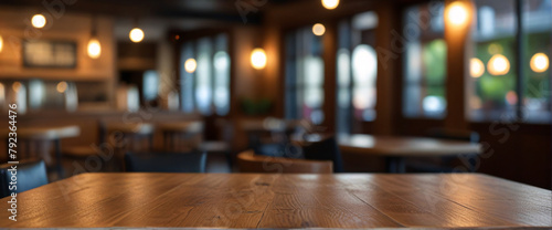 Wooden Table Top with Blurred Restaurant Background