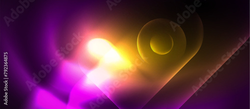 A colorful lens flare creates a glowing circle of electric blue and amber light on a dark purple and yellow background, resembling an astronomical object in an artful display of gas and heat