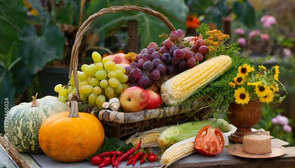 fruits and vegetables in basket, Selection of Seasonal Produce fruits and vegetables in basket, Selection of Seasonal Produce