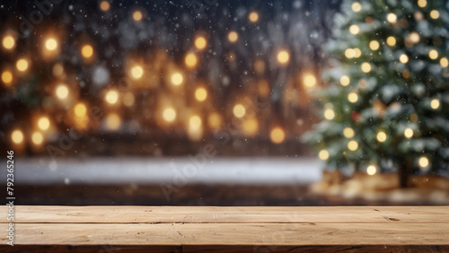 A clean tabletop stage awaits your product, set against a warm, blurred Christmas scene photo