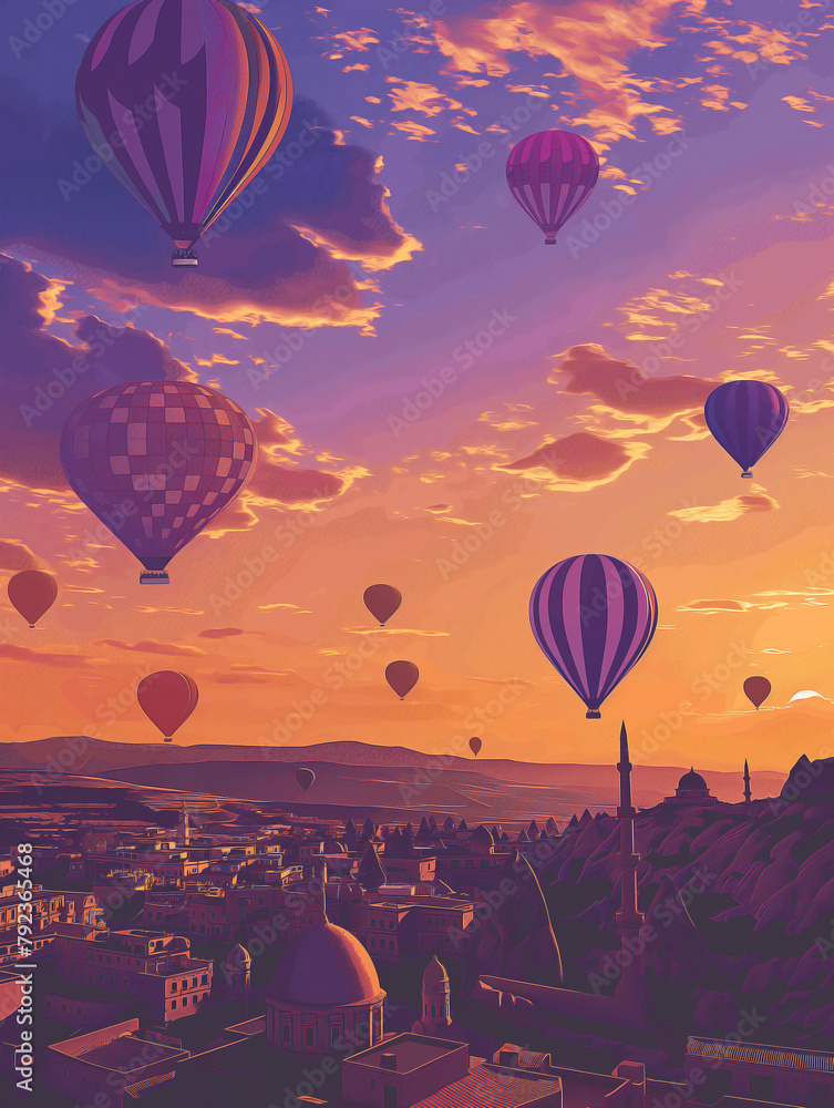 Naklejka premium Cappadociaarea infographic, top view, Summer and Sunny ,purple sky sky, Many hot air balloon in the sky, traditional city buildings silhouetted