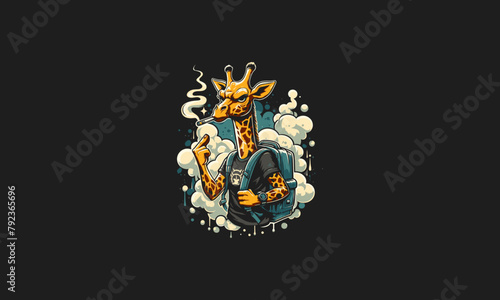 giraffe angry wearing back pack with smoke vector design
