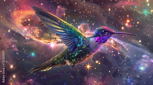 Capture a metallic hummingbird with neon feathers against a sky of swirling galaxies, as if nature and machinery merge in a cosmic dance © Narongsak