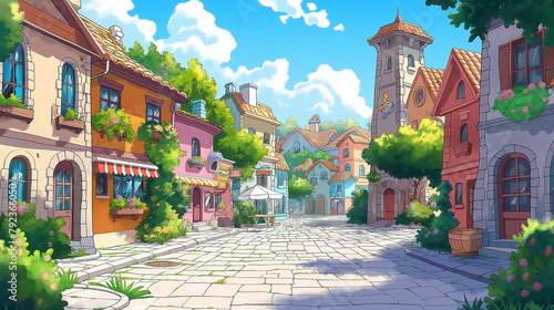  a village street corner,cartoon, vector graphics, thick line strokes, cute art style, flat graphics
