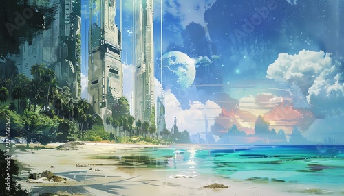 Craft a dreamlike painting depicting a serene beach landscape overtaken by futuristic skyscrapers, merging tranquility with modernity in a surrealistic watercolor masterpiece