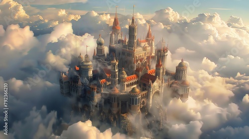Capture an aerial view of a whimsical castle floating amidst clouds Blend educational elements like books and globes Illustrate leadership principles with a majestic throne atop the castle, exuding wi