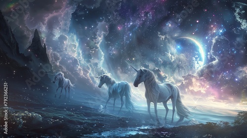 Design a celestial realm inhabited by fantastical beings, merging the concept of cognitive dissonance with surrealist techniques in a mixed-media artwork featuring unicorns and ethereal landscapes photo