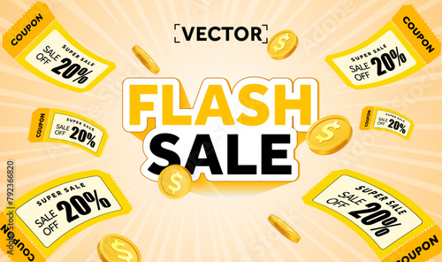 3d flash sale banner template with flying coupons and coins, isolated on background. Voucher giveaway poster. Coupon code offer with sale off event. Vector illustration. Vector illustration