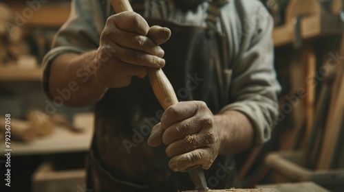 With a focused expression a carpenter holds a chisel in one hand and a mallet in the other delicately shaping a piece of wood. The tools are an extension of their creative vision and . © Justlight