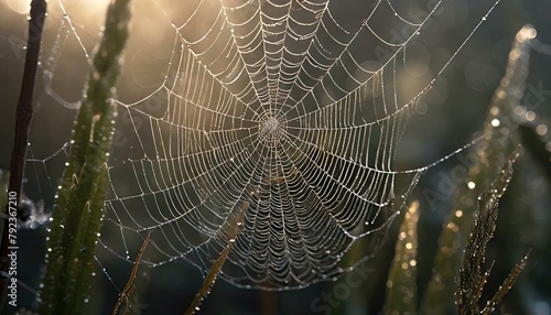 a spider web in early morning sunlight, light foggy background, water droplets on the web, mystic light © Jame