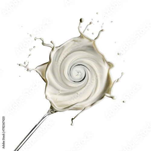 A delightful splash of white milk swirls playfully in a glass. The minimalist background keeps the focus on the intricate details of the motion, creating a fresh and inviting image. photo