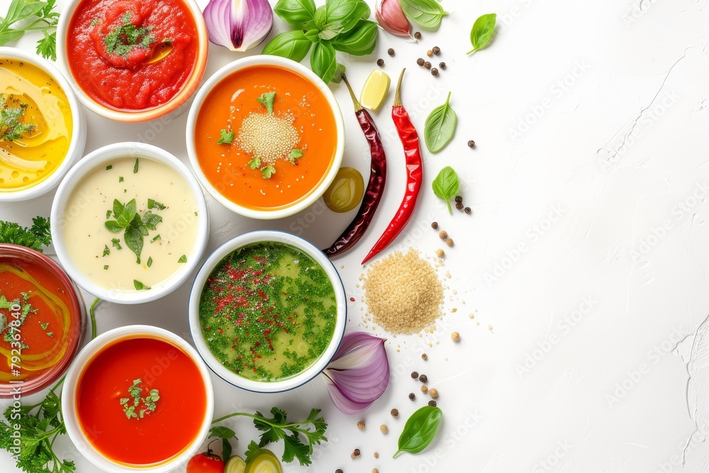Healthy food flat lay with different soups ingredients and room for text on a white background Healthy food flat lay with different soups ingredients and room for text on a white background