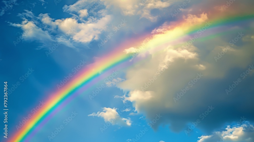 Spectacular view of a colorful rainbow against a blue sky with fluffy clouds.