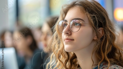 Closeup of a students face brows furrowed in concentration as they listen to their teachers virtual lesson highlighting the shift to virtual learning during the pandemic. .