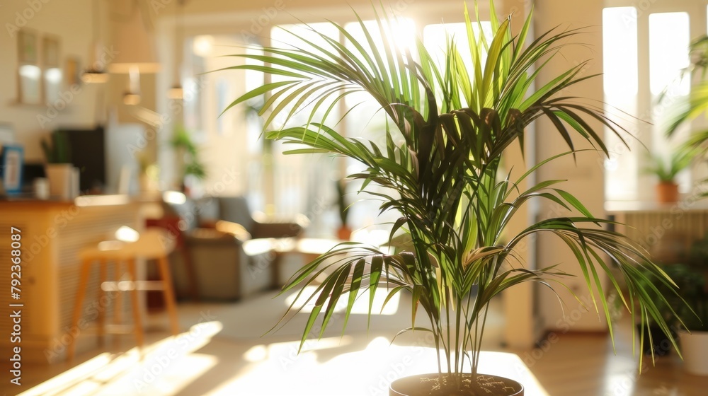 Fototapeta premium A lush green houseplant thriving in the warm sunlight of a cozy indoor setting.