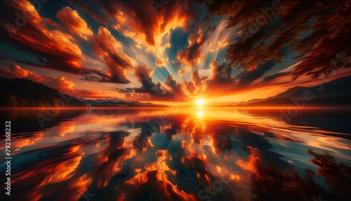 Orange and red flames explode in a fiery burst against a dark sunset sky