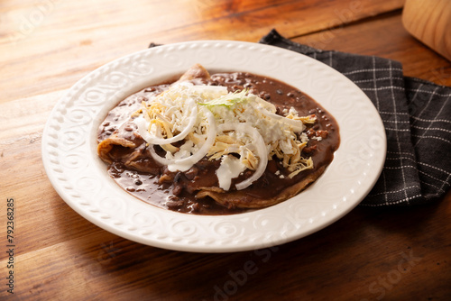 Enfrijoladas. Corn tortillas dipped in bean sauce, covered with cream and cheese, they can be covered or filled with chicken meat, cheese or some other ingredient. Traditional Mexican dish.