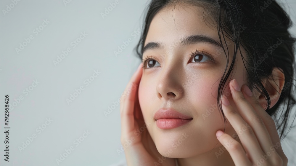 A close-up image showcasing a young Asian woman with clear skin and a contemplative gaze