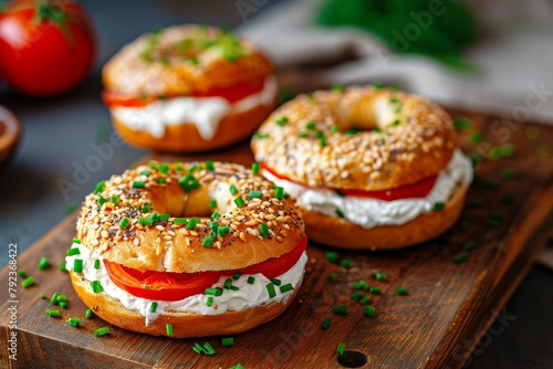 Healthy vegetarian snack of bagel sandwiches with cream cheese tomatoes and chives